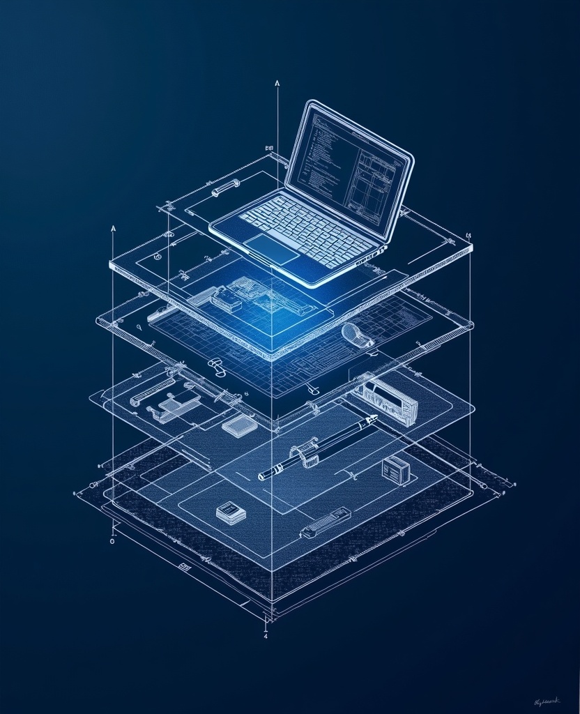 Exploded axonometric technical drawing of a drafting work desk in white ink on navy blueprint paper: a laptop layer, a drafting-tool layer with compass and ruler, and a desk-surface layer separated with dimension lines