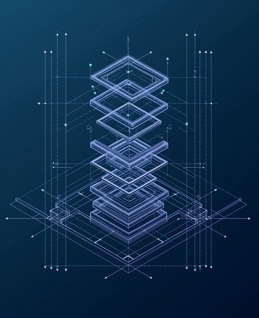 Exploded axonometric technical drawing of stacked app frame tiles in white ink on navy blueprint paper, each tile floating on its own layer plane with dimension lines