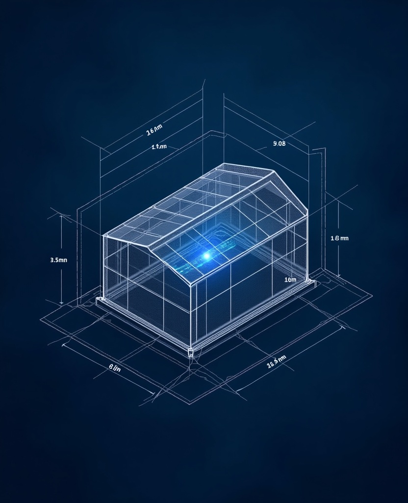 Exploded axonometric technical drawing of an envelope with radiating transmission signal lines in white ink on navy blueprint paper, paper layer and signal layer separated with dimension lines