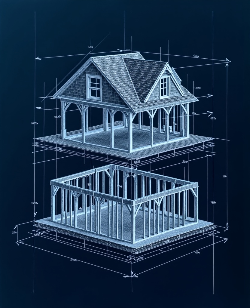 Exploded axonometric technical drawing of a house in white ink on navy blueprint paper, showing roof, siding, and structural frame layers separated vertically with dimension lines