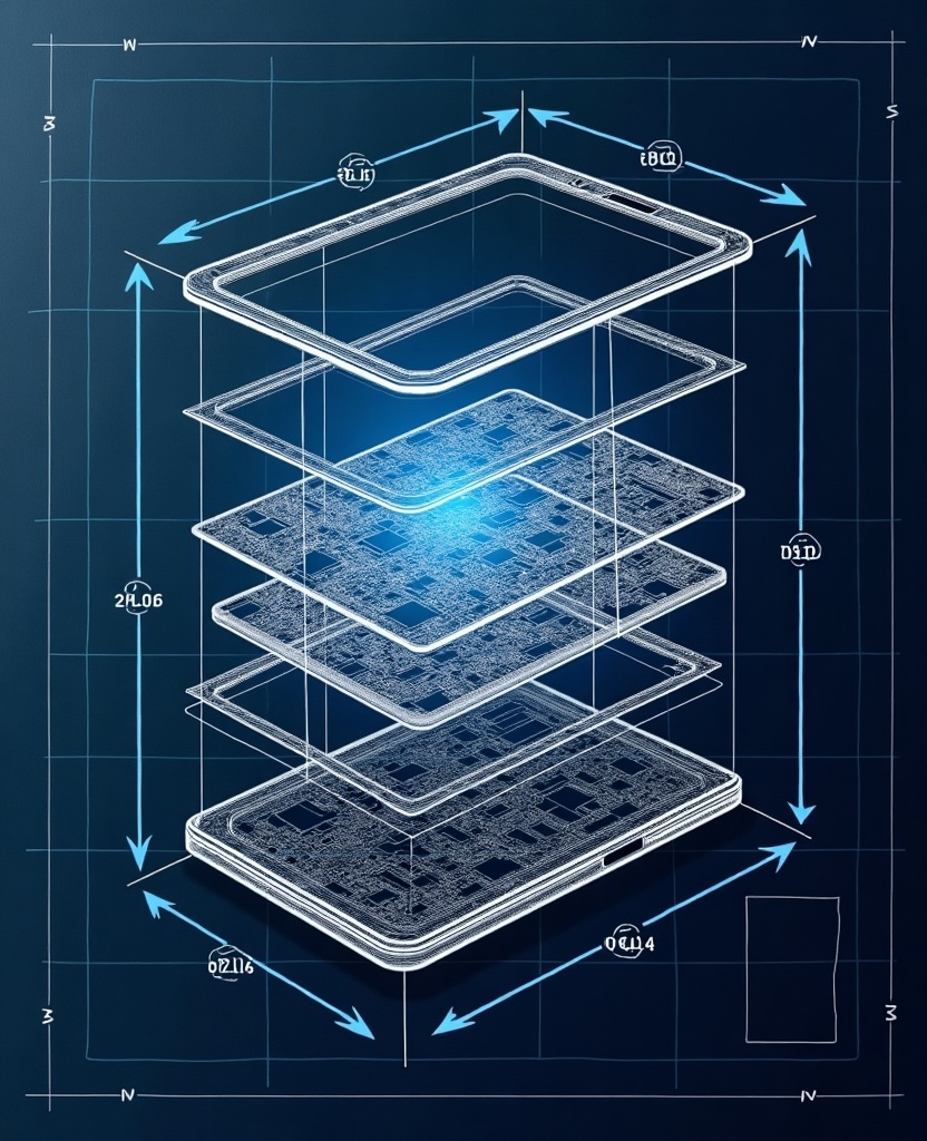 Exploded axonometric technical drawing of a smartphone in white ink on navy blueprint paper, showing screen, circuit board, and chassis layers separated with dimension lines
