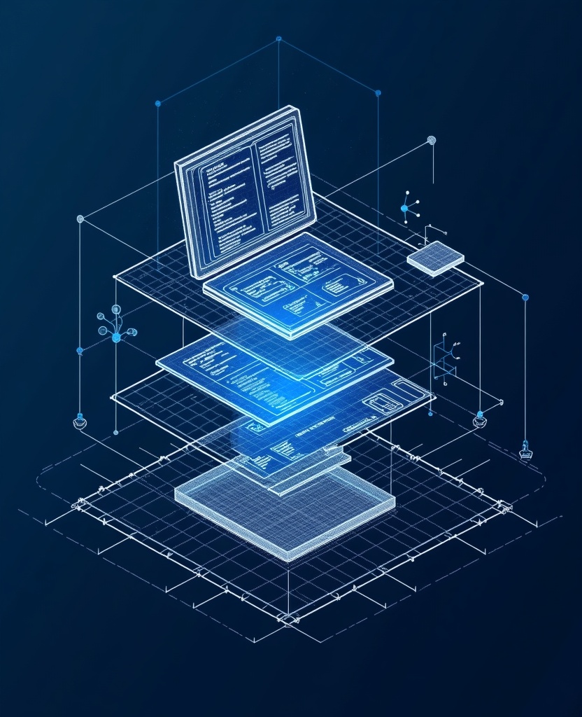 Exploded axonometric technical drawing of a SaaS platform in white ink on navy blueprint paper: a browser-window layer, a data and org-chart panel layer, and a server database block layer separated with dimension lines