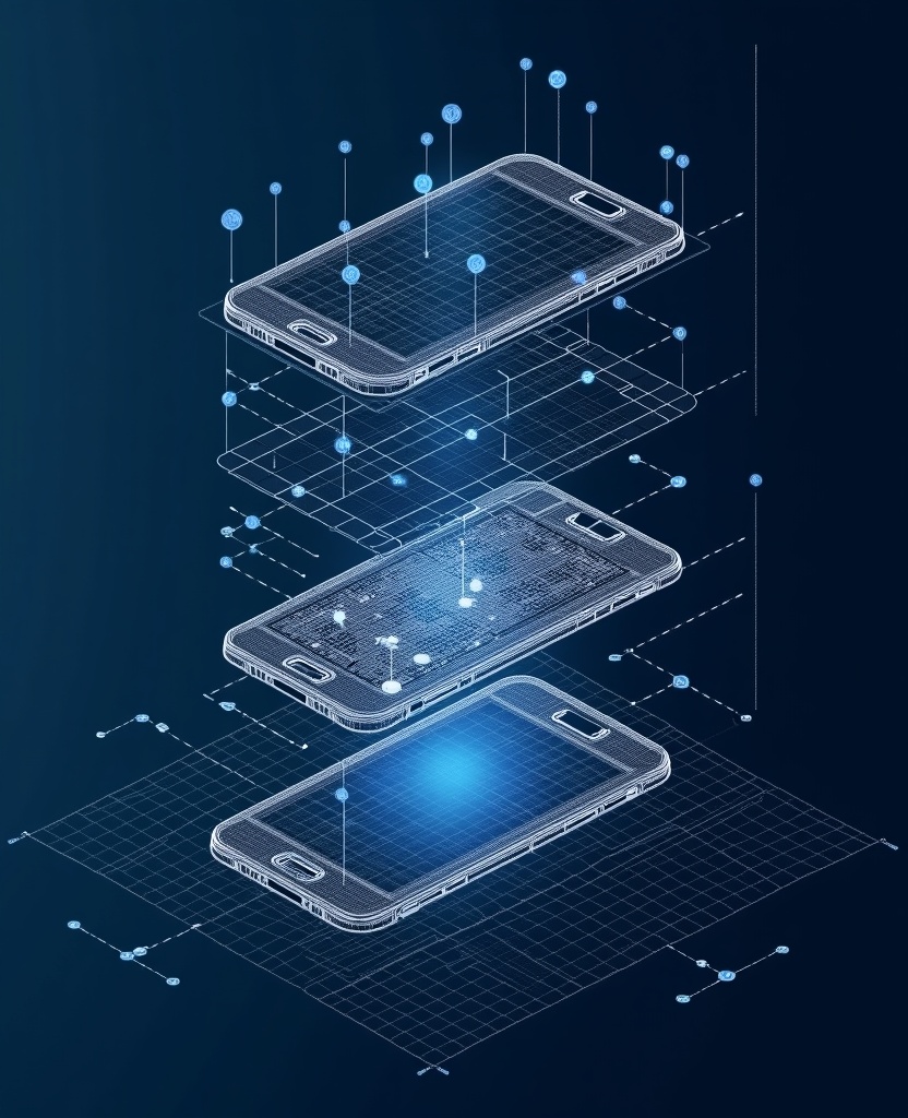 Exploded axonometric technical drawing of a smartphone in white ink on navy blueprint paper, with a connected network graph of contact nodes floating above the screen, circuit, and chassis layers