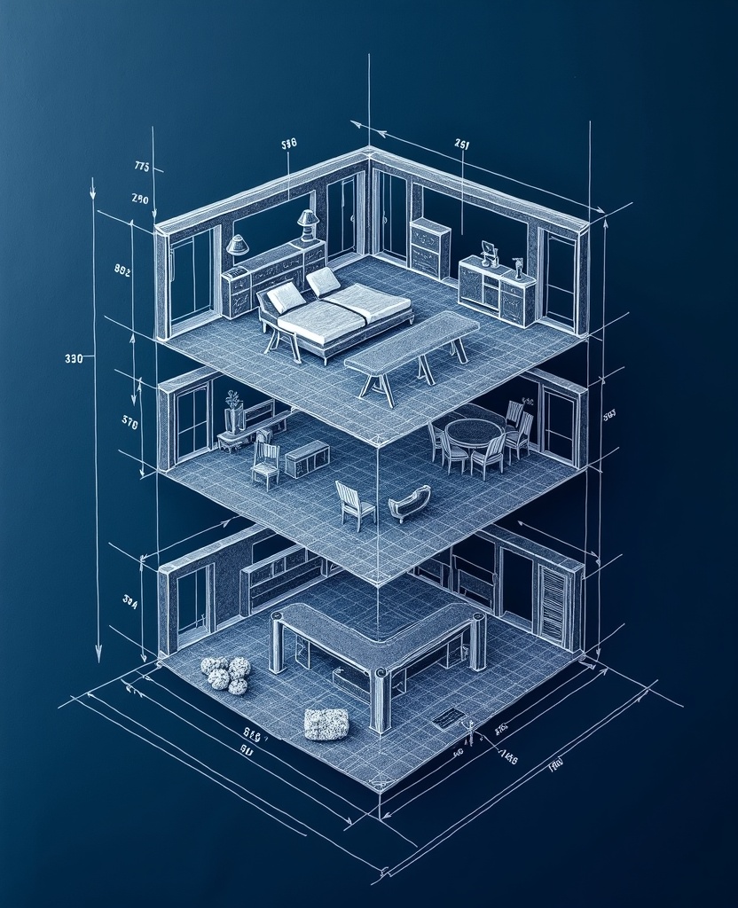 Exploded axonometric technical drawing of an interior room transformation in white ink on navy blueprint paper with indigo accents: an empty-room layer, a furniture silhouette layer, and a styled-room outline layer stacked with dimension lines