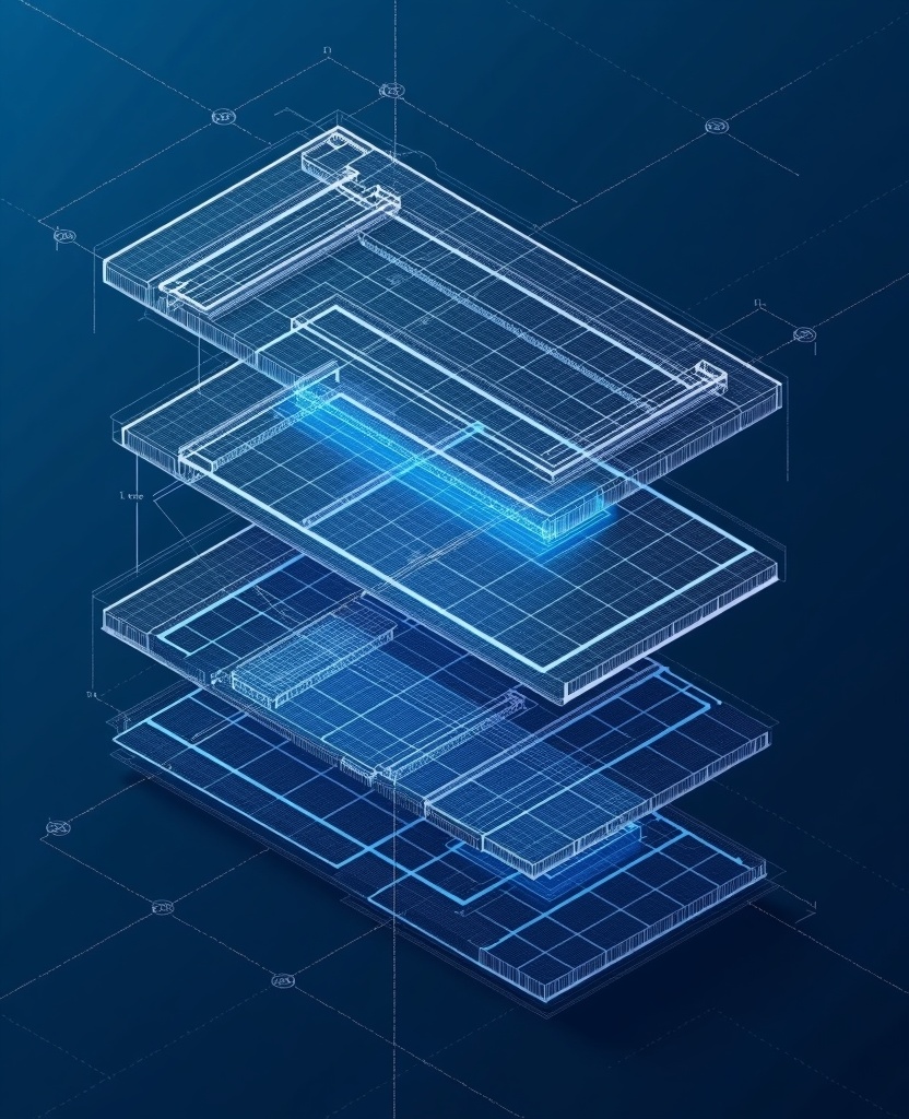Exploded axonometric technical drawing of a browser window in white ink on navy blueprint paper, showing chrome, layout, and code layers separated with dashed leader lines