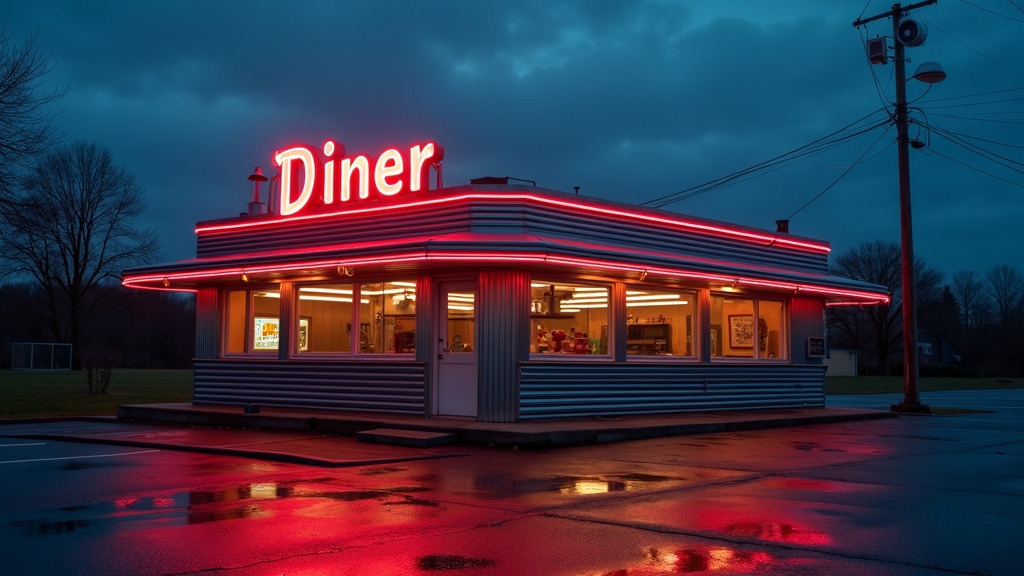 Retro Diner exterior glowing with neon at dusk