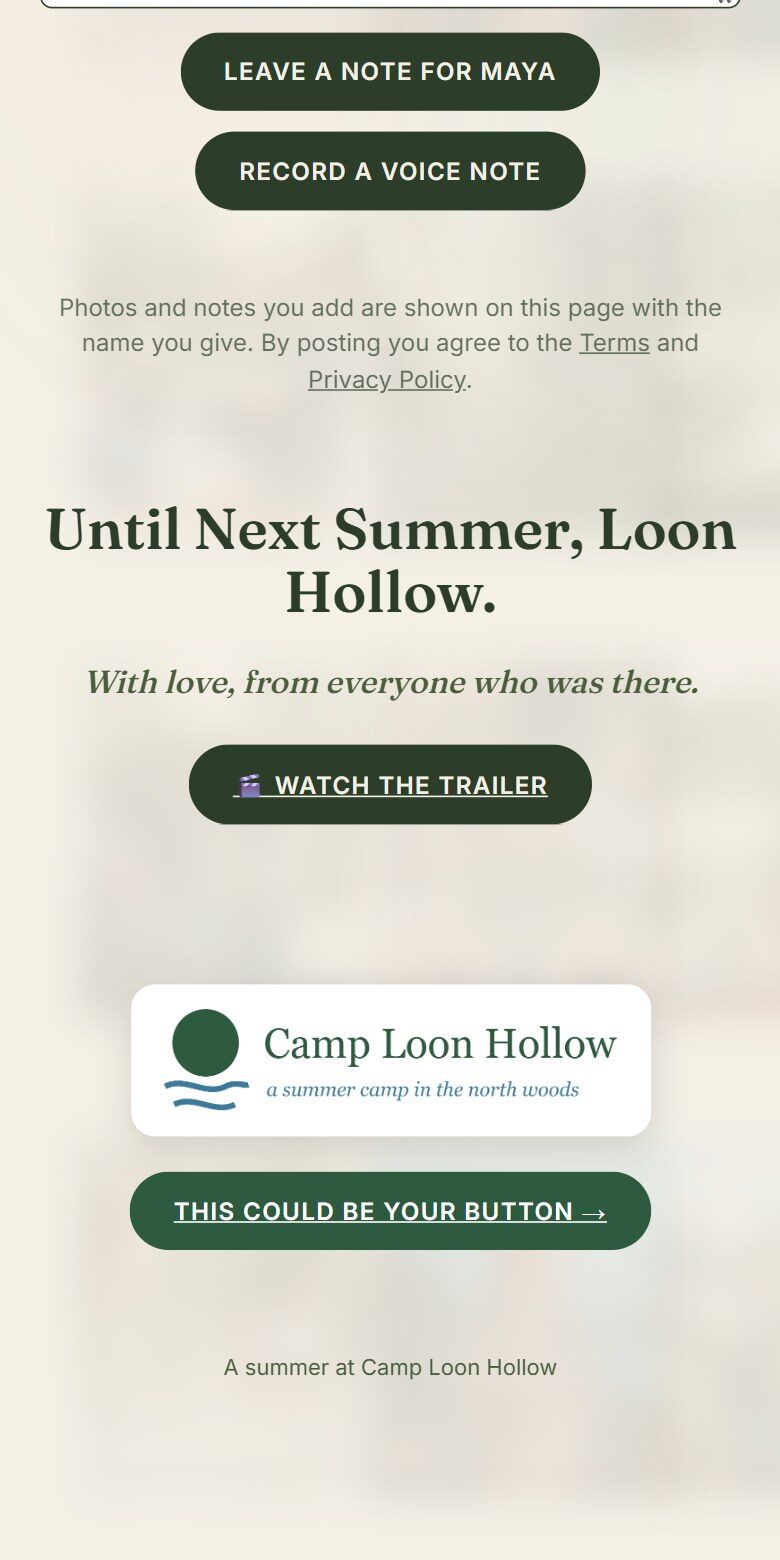 The end of a Trail with the camp's logo and a button in its brand color