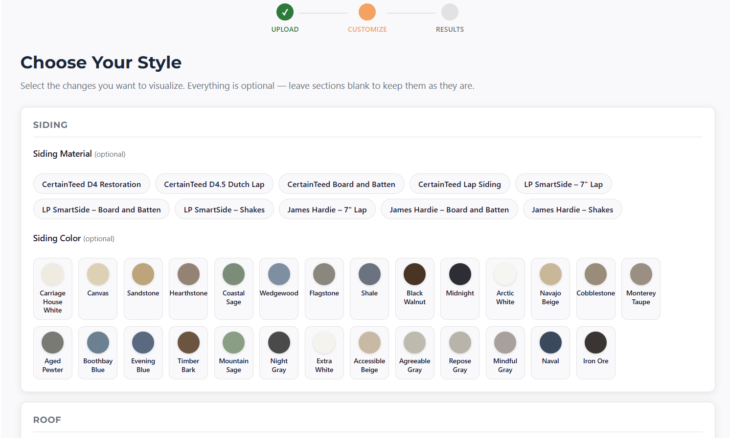House Vision AI — choose siding, roofing, trim